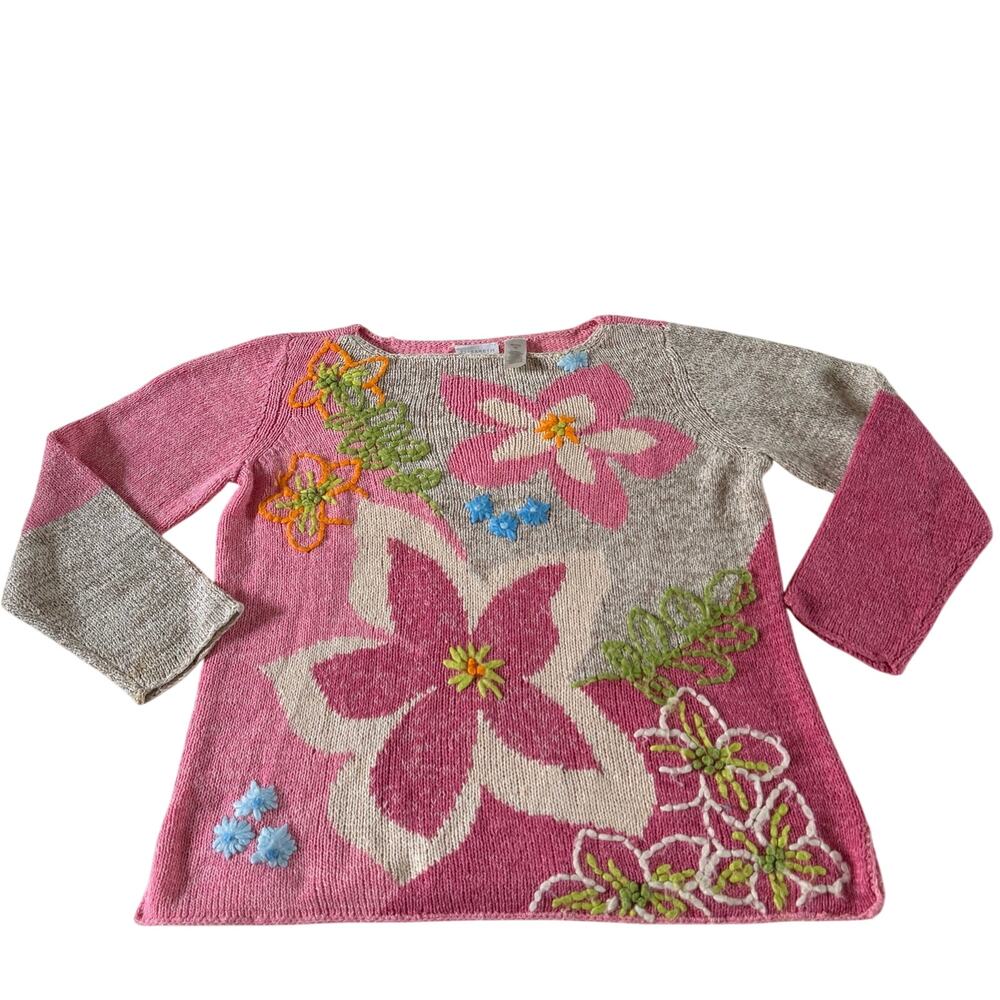 Vtg Y2K 2000s Pink Embroidered Floral Pullover Sweater Sz XL Artsy